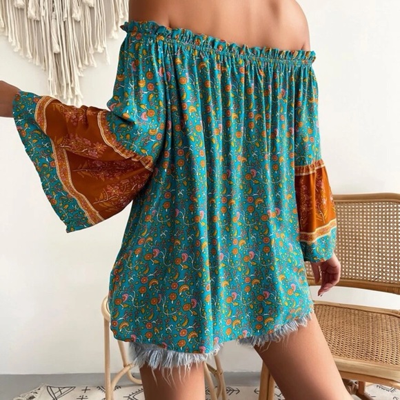 Off the shoulder 3/4 sleeve tassel paisley floral print boho top blouse - Picture 2 of 6